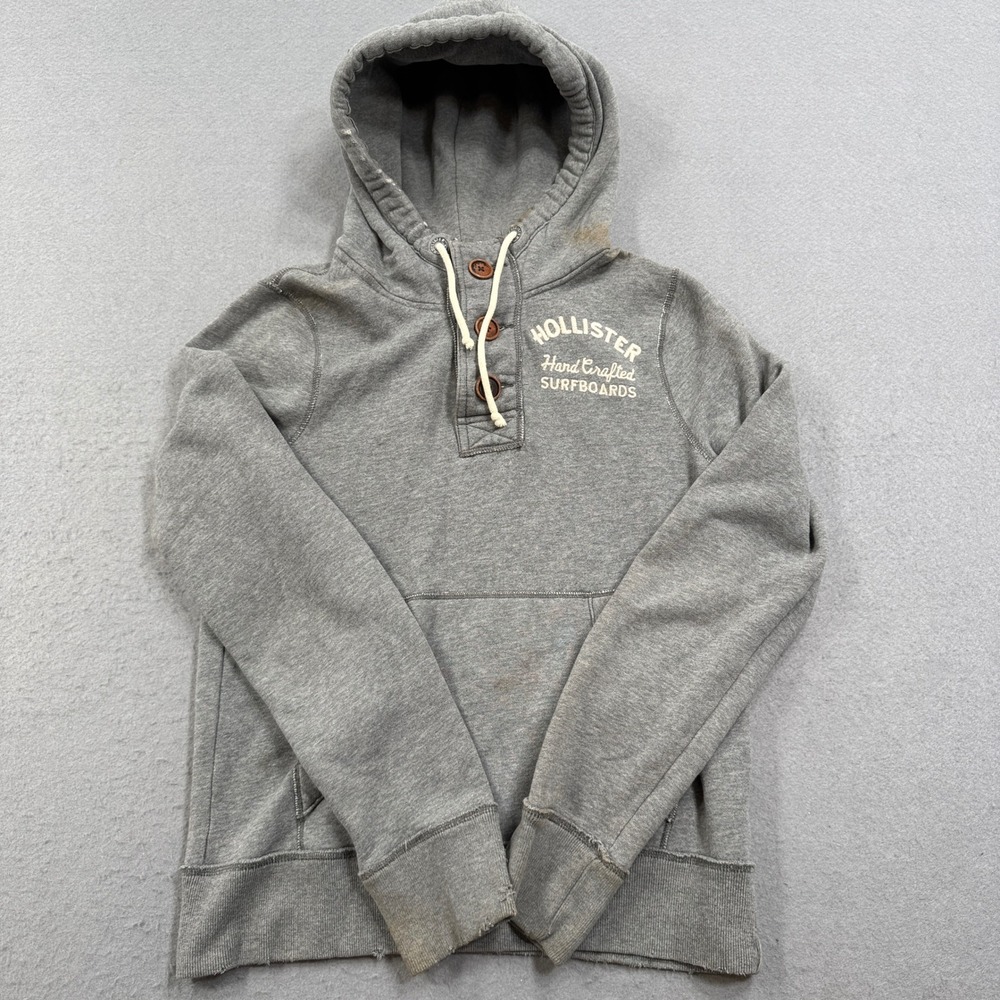 Hollister Hoodie Men's Medium Light Gray Henley Fleece Lined Pullover Distressed